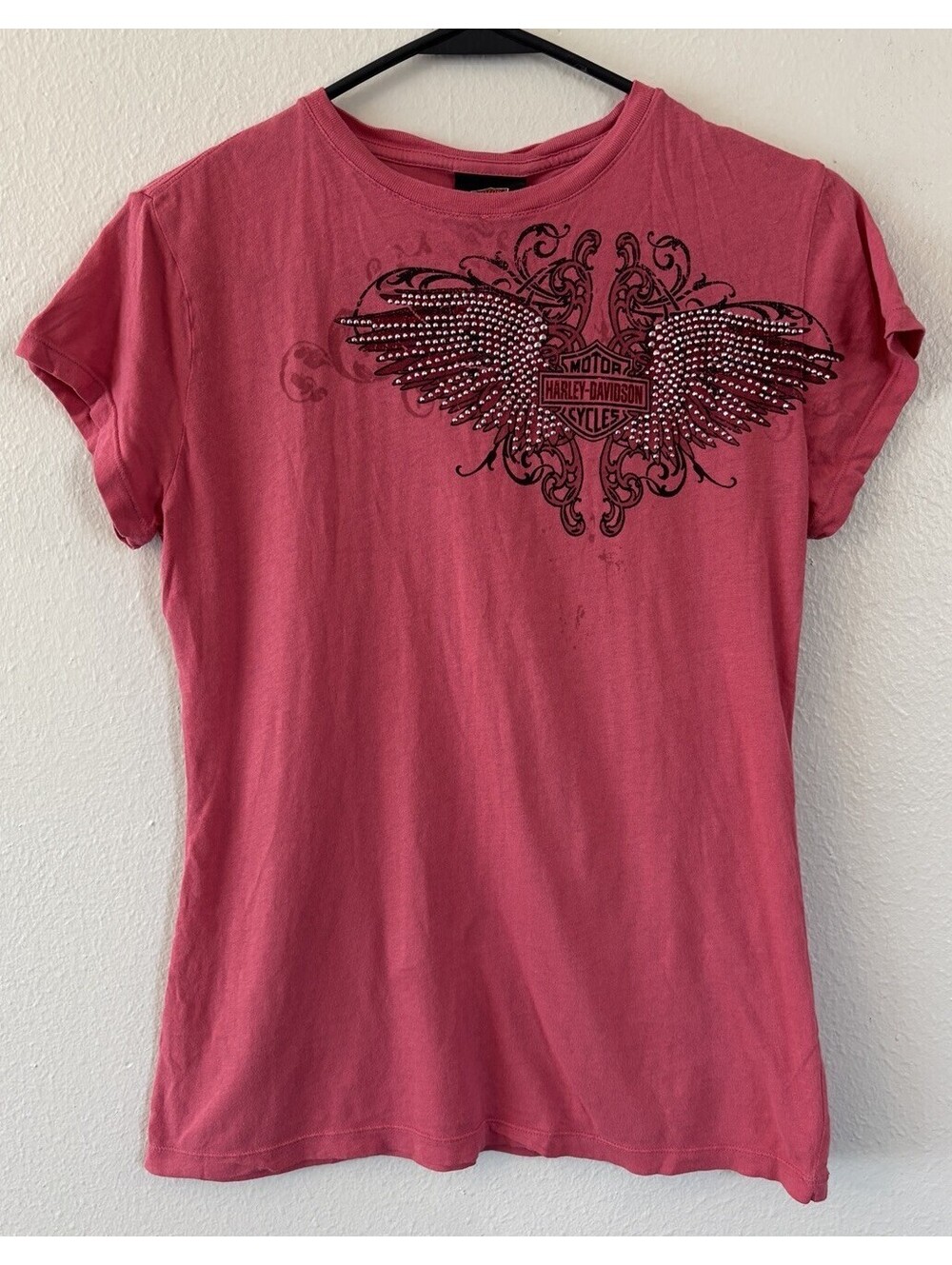 Harley Davidson T-shirt Women's Coral Pink Angel Wings Rhinestones Small Biloxi